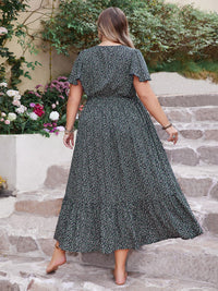 Plus Size Printed V-Neck Flutter Sleeve Midi Dress Trandify deal