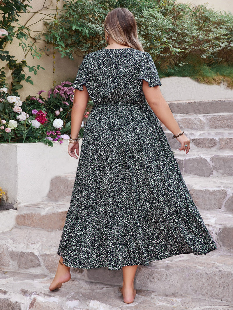 Plus Size Printed V-Neck Flutter Sleeve Midi Dress Trandify deal