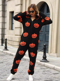 Fuzzy Pumpkin Half Zip Hooded Jumpsuit Trandify Deal