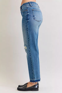 Women's Distressed Jeans | Mid Rise Patch & Repair Boyfriend Fit