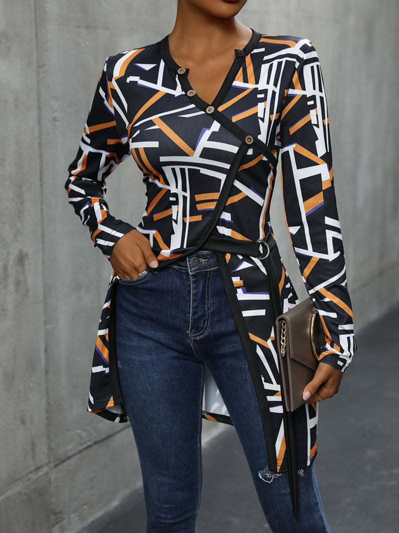 Perfee Geometric Surplice Long Sleeve T-Shirt Trandify deal