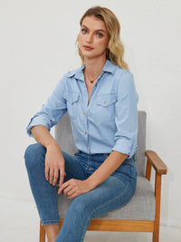 Pocketed Button Up Long Sleeve Denim Shirt Trandify deal