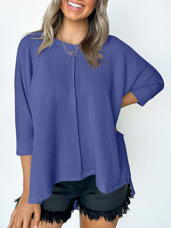 Lovelet Textured Round Neck Three-Quarter Sleeve Blouse Trandify deal