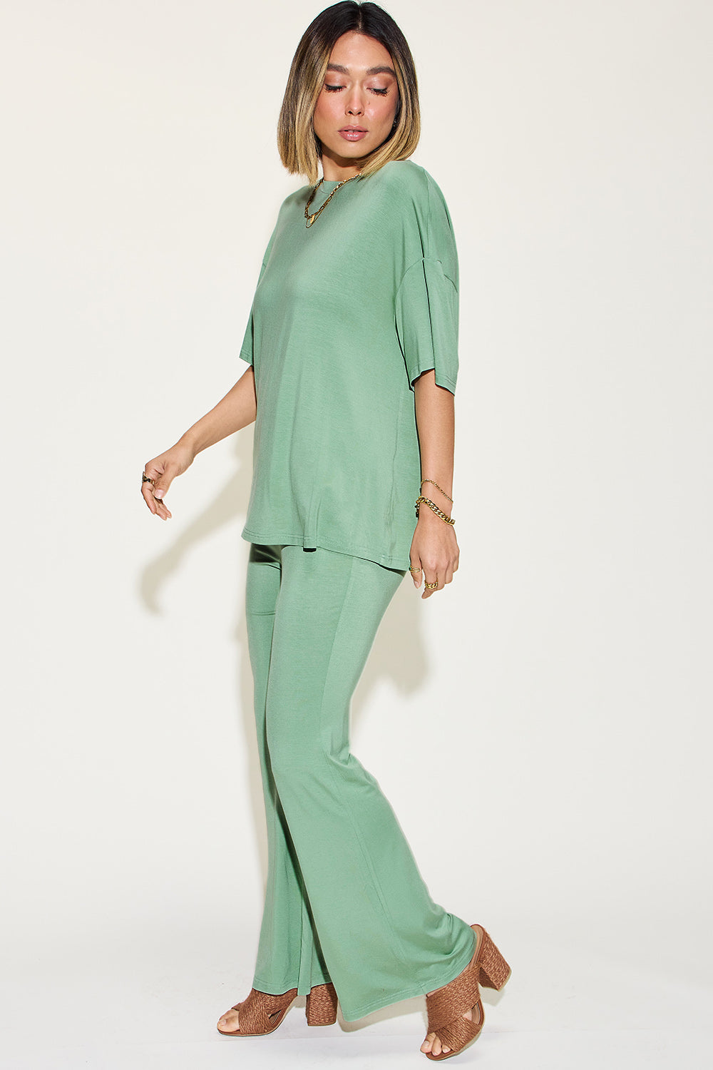 Basic Bae Full Size Bamboo Drop Shoulder T-Shirt and Flare Pants Set Trandify Deal