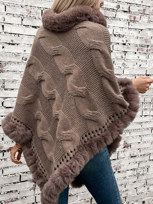 Fuzzy Hem Cable-Knit Poncho Trandify Deal