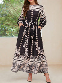 Printed Round Neck Long Sleeve Maxi Dress with Pockets Trandify Deal