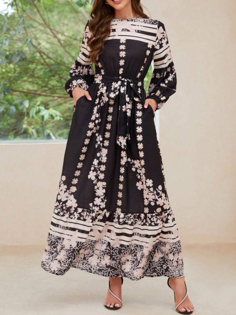 Printed Round Neck Long Sleeve Maxi Dress with Pockets Trandify Deal
