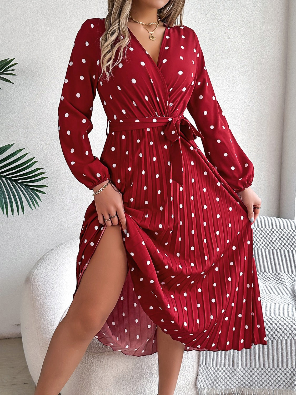 Tied Polka Dot Long Sleeve Midi Dress Trandify deal