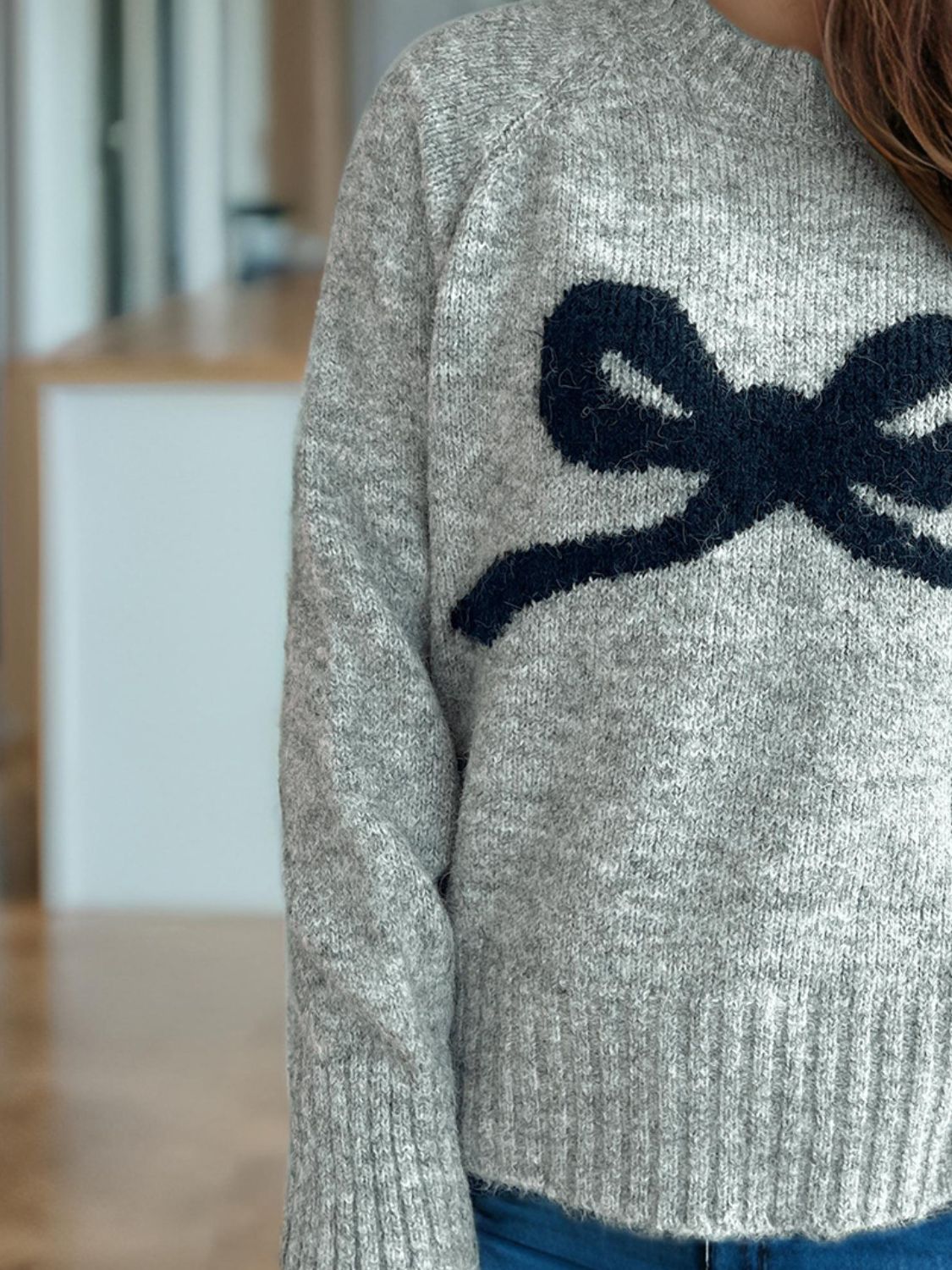 Bow Round Neck Long Sleeve Sweater Trandify Deal