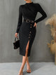 FAM-FAM Slit Mock Neck Long Sleeve Midi Dress Trandify Deal