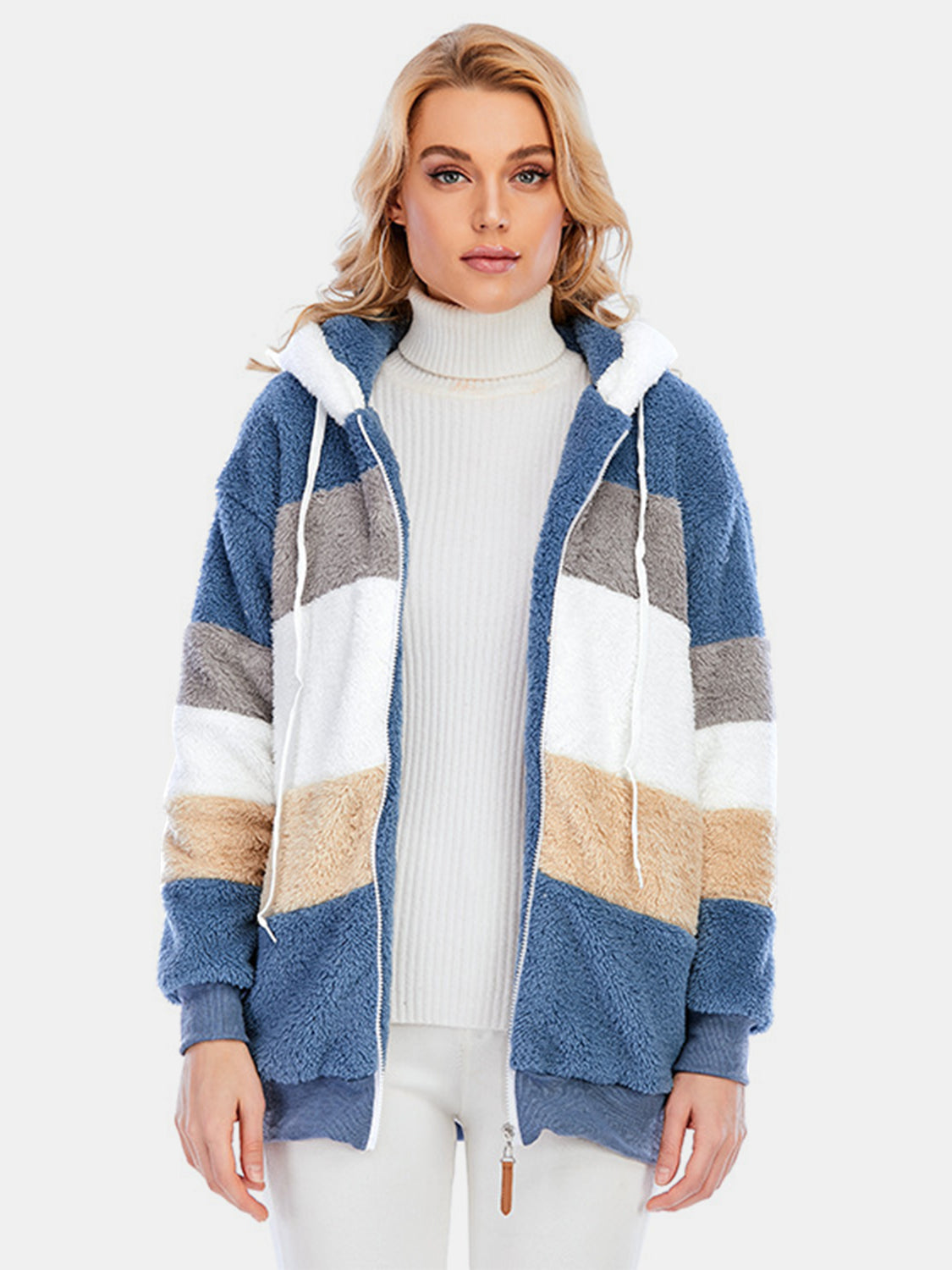 Full Size Drawstring Color Block Zip Up Hooded Outerwear Trandify Deal