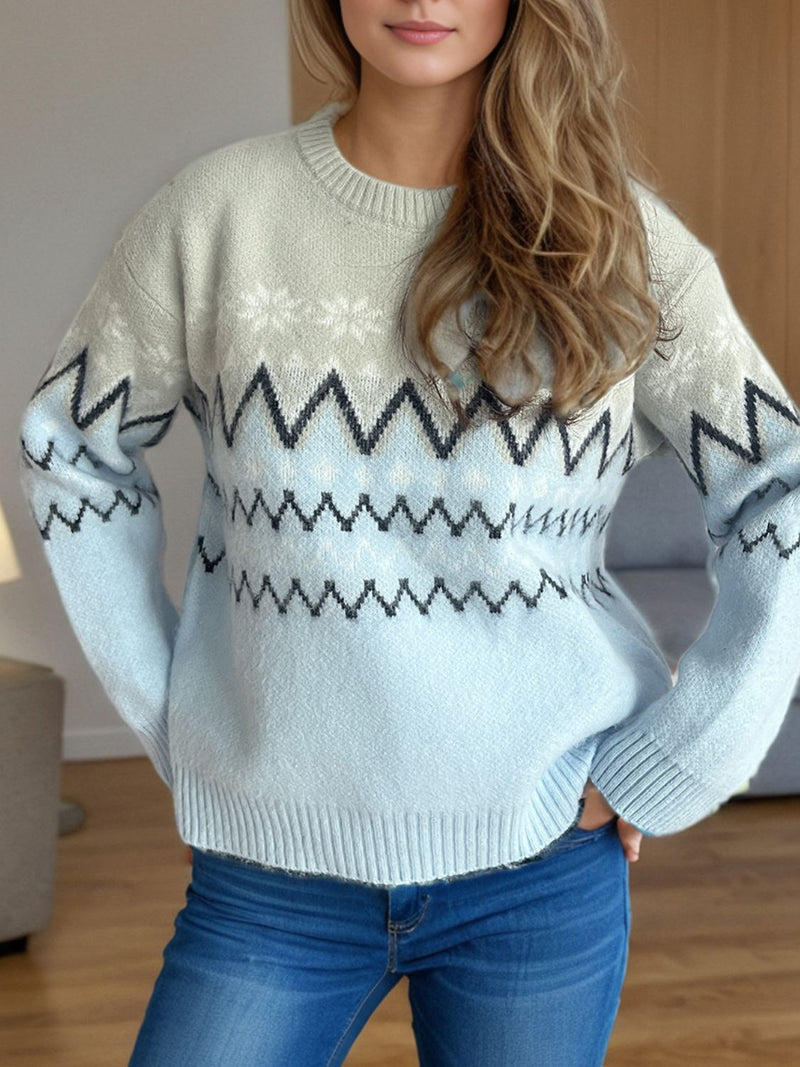 Chevron Contrast Round Neck Long Sleeve Sweater Trandify Deal