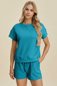 Double Take Full Size Texture Short Sleeve Top and Shorts Set Trandify deal