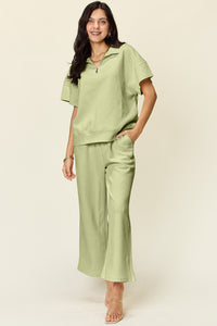 Double Take Full Size Texture Half Zip Short Sleeve Top and Pants Set - Trandify Deal