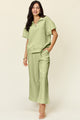 Double Take Full Size Texture Half Zip Short Sleeve Top and Pants Set - Trandify Deal