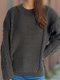 Cable-Knit Round Neck Long Sleeve Sweater Trandify Deal