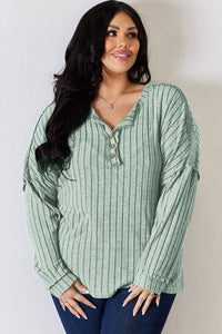 Basic Bae Full Size Ribbed Half Button Long Sleeve T-Shirt Trandify Deal