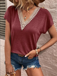 Full Size Lace Detail V-Neck Short Sleeve T-Shirt Trandify deal