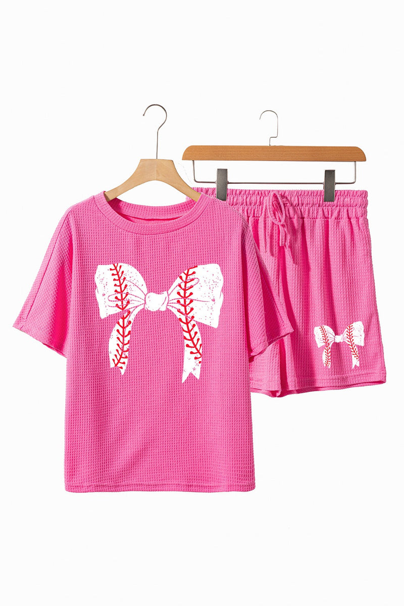 Waffle-Knit Bow Round Neck Top and Shorts Set Trandify deal