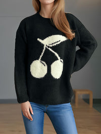 Cherry Round Neck Long Sleeve Sweater Trandify Deal