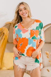 BiBi Floral V Neck Slit Side T-Shirt Trandify deal