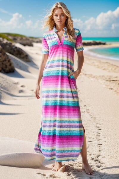 Heimish Plus Size Striped Maxi Dress for Women – Comfortable Short Sleeve Tee Dress – USA Fashion Trend