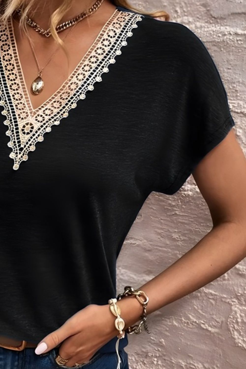 Full Size Lace Detail V-Neck Short Sleeve T-Shirt Trandify deal