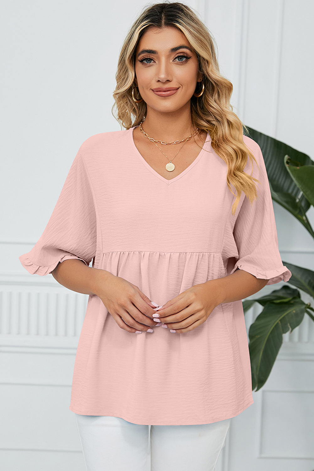 Peplum V-Neck Half Sleeve T-Shirt Trandify deal