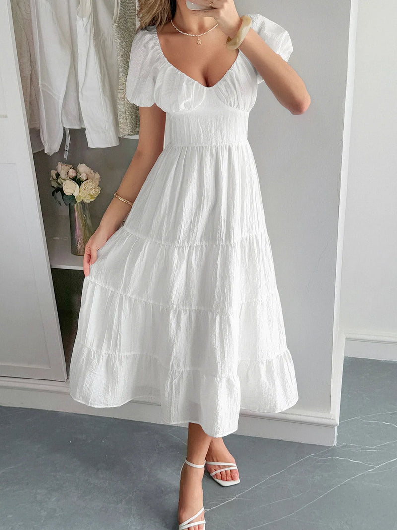Women’s floral V-neck midi dress with pockets, A-line summer dress for casual outings