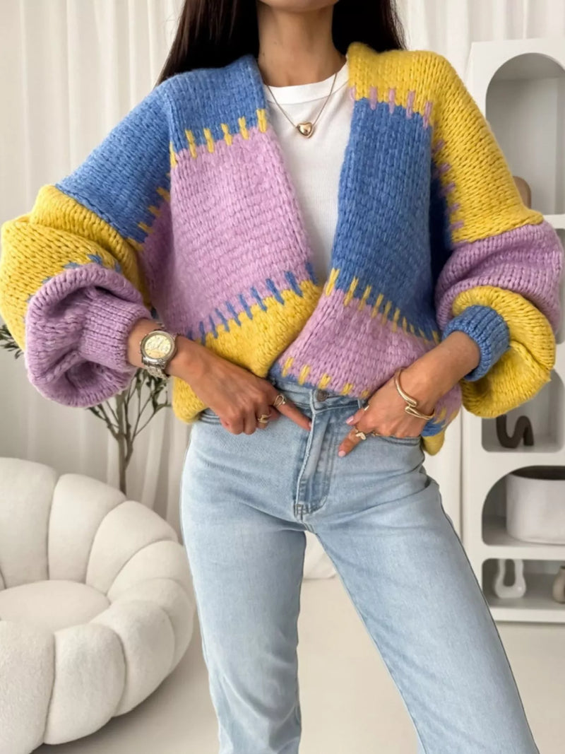 Color Block Open Front Cardigan - Basic Long Sleeve Polyester Top