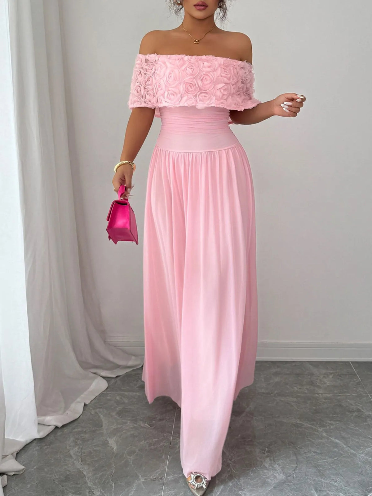 Off-Shoulder Rose Embellished Maxi Dress – Floral Bohemian Summer Gown for Women