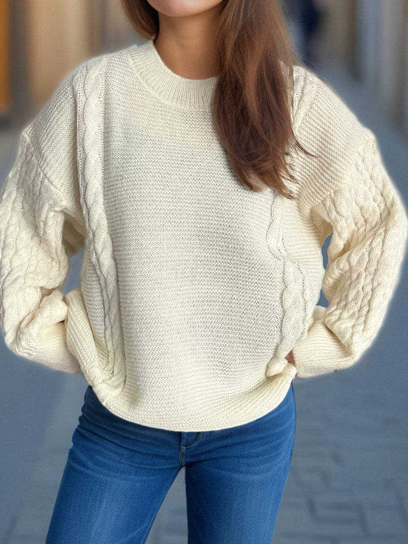 Cable-Knit Round Neck Long Sleeve Sweater Trandify Deal