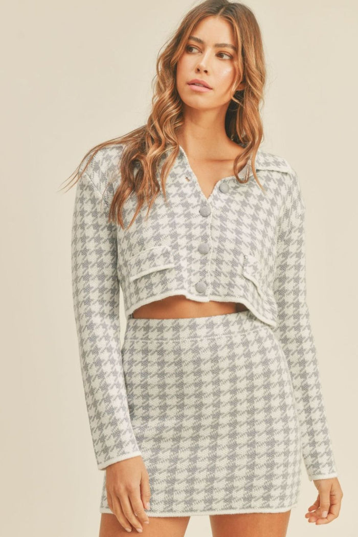 MABLE Houndstooth Cropped Knit Cardigan and Mini Skirt Set Trandify Deal