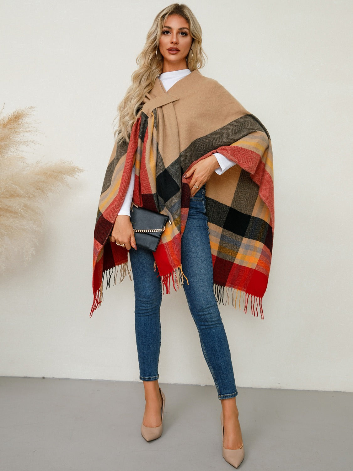 Fringe Contrast Plaid Poncho Trandify Deal