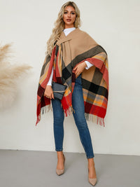 Fringe Contrast Plaid Poncho Trandify Deal