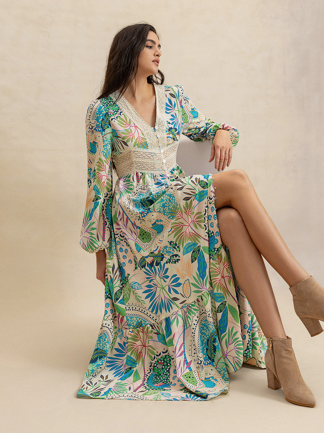 Slit Printed V-Neck Long Sleeve Midi Dress Trandify Deal