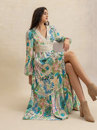Slit Printed V-Neck Long Sleeve Midi Dress Trandify Deal