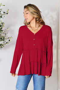 Double Take Half Button Long Sleeve Ruffle Hem Blouse Trandify Deal