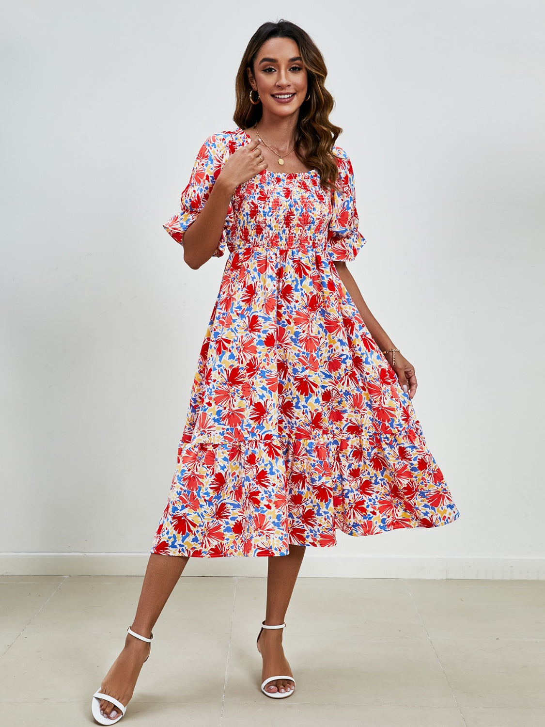 Smocked Floral Square Neck Short Sleeve Dress Trandify deal
