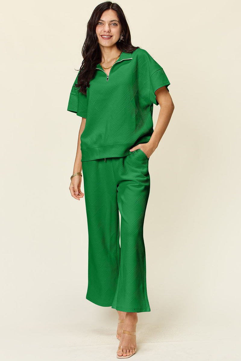Double Take Full Size Texture Half Zip Short Sleeve Top and Pants Set Trandify Deal
