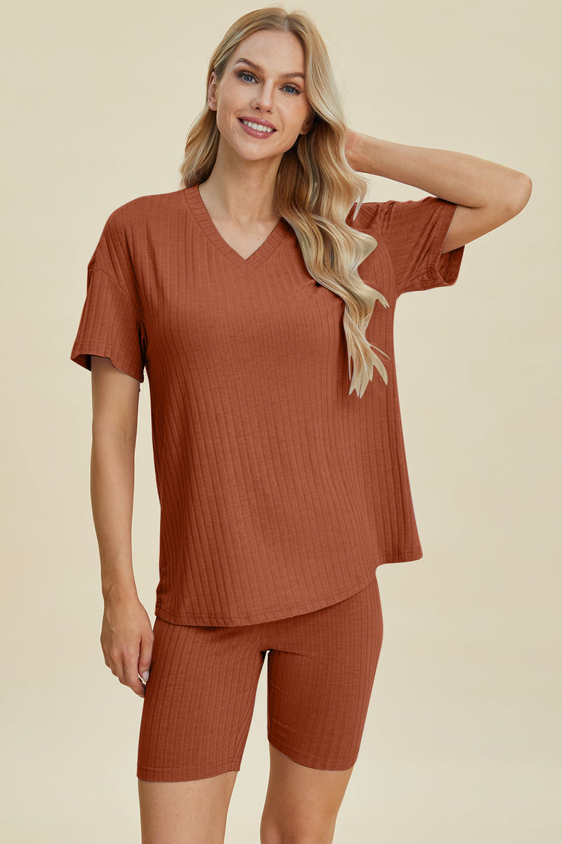 Basic Bae Full Size Ribbed V-Neck Short Sleeve Top and Shorts Set Trandify deal