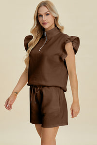 Double Take Texture Flounce Sleeve Top and Shorts Set - Trandify Deal