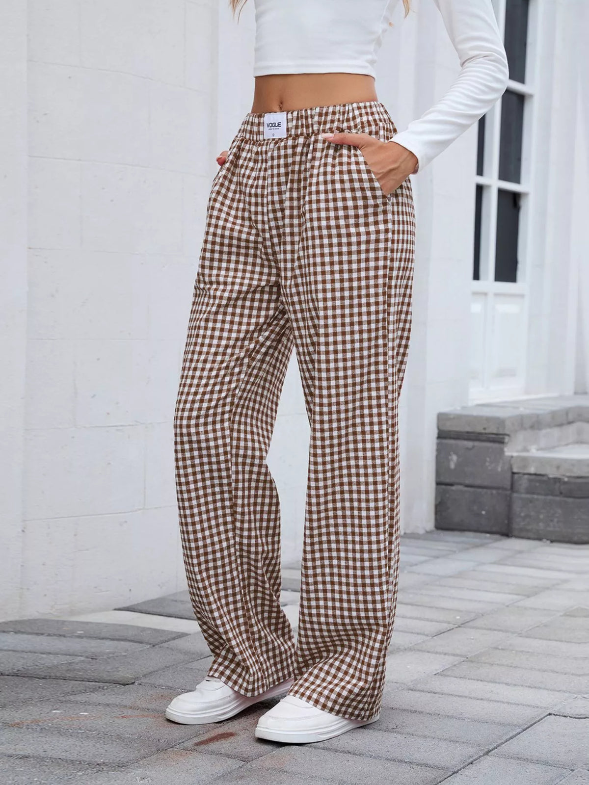 Women's Plaid Wide Leg Cotton Pants
