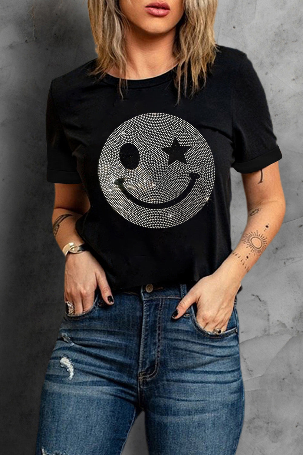 Rhinestone Smiley Round Neck Short Sleeve T-Shirt - Trandify Deal