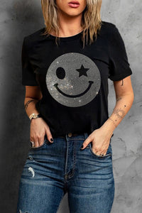 Rhinestone Smiley Round Neck Short Sleeve T-Shirt - Trandify Deal