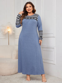 Plus Size Printed Round Neck Long Sleeve Dress Trandify Deal