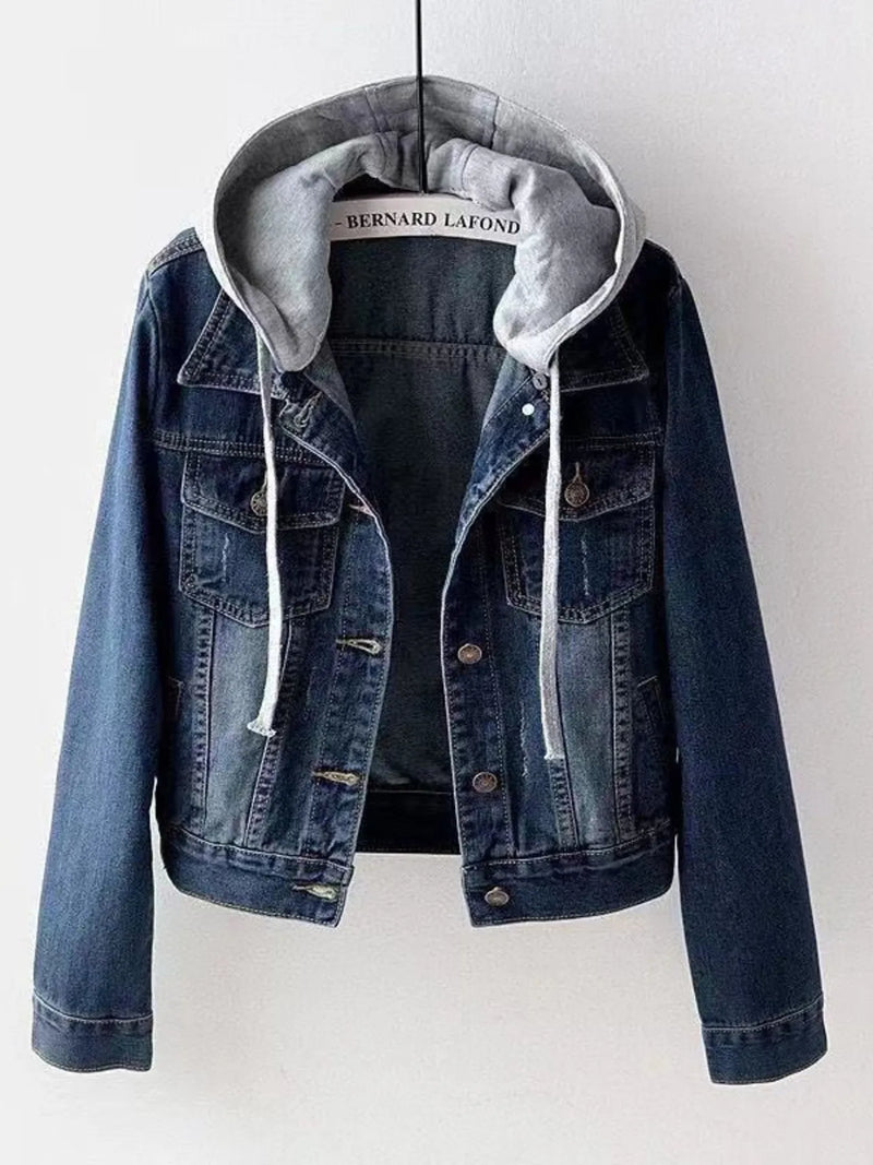 Women’s Oversized Hooded Denim Jacket – Button-Up Drawstring Waist – Plus Size Fashion