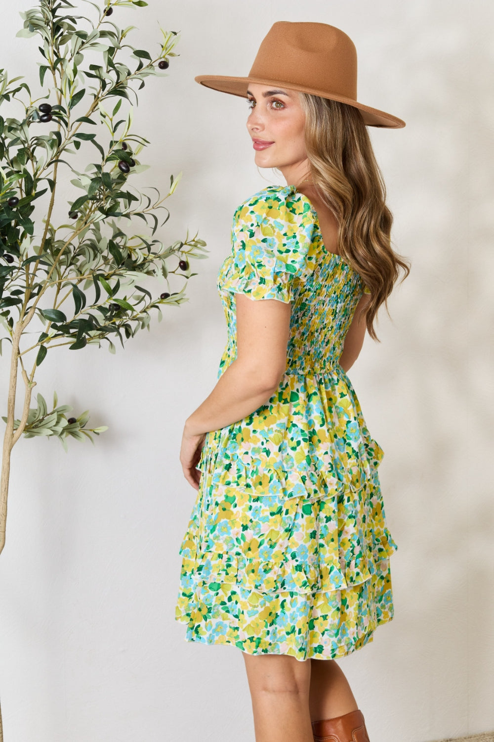 Smocked Scoop Neck Flounce Sleeve Mini Dress Trandify Deal