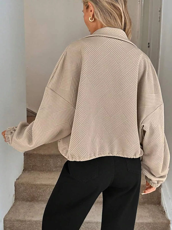 Women's Ribbed Drawstring Jacket - Casual Long Sleeve Zip-Up