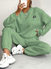 Texture Round Neck Long Sleeve Top and Pants Set Trandify Deal